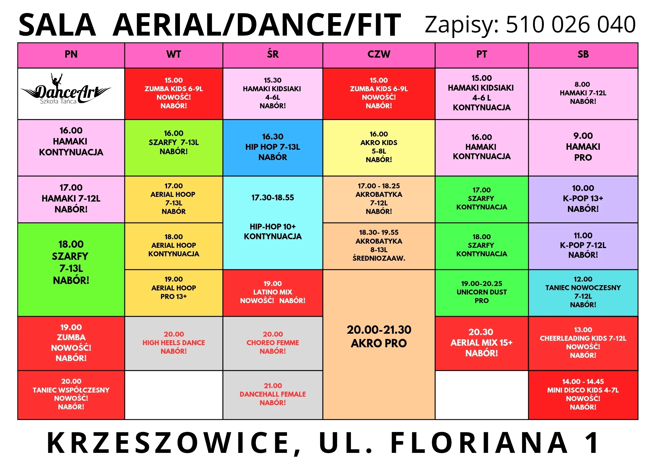 Aktualny grafik sali Aerial, Dance i Fit w Krzeszowicach przy ulicy Floriana 1