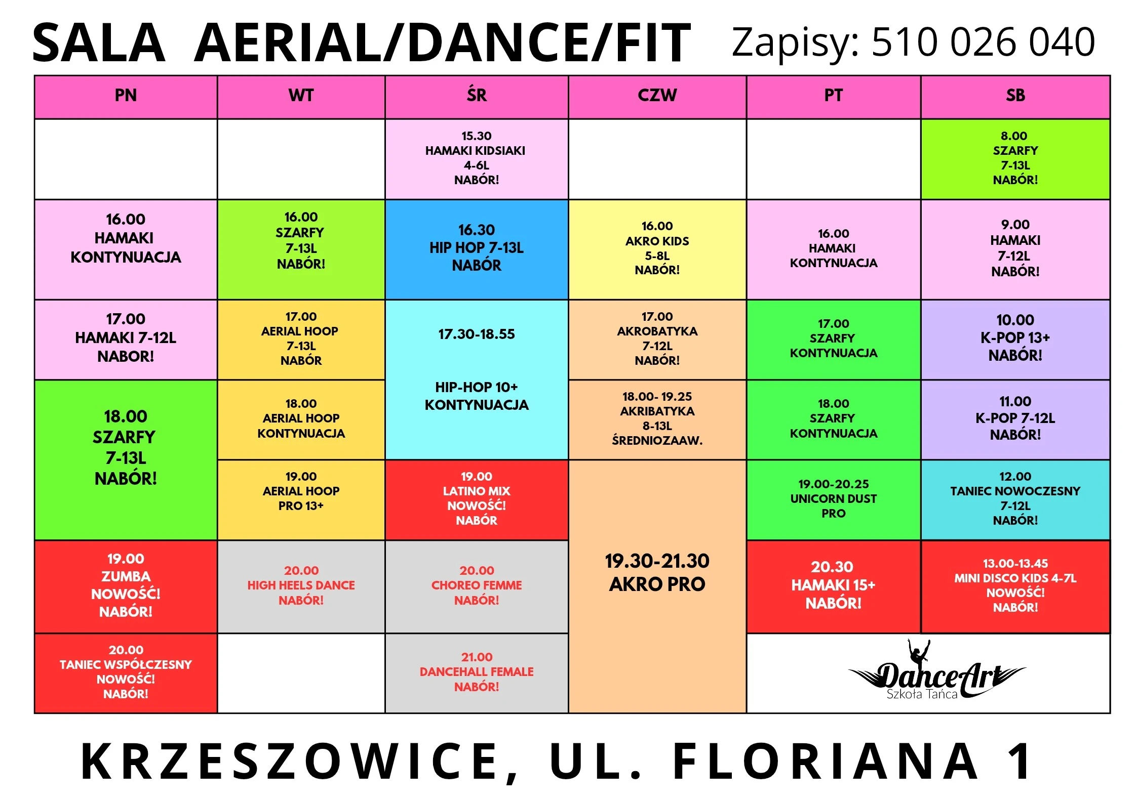 Grafik zajęć DanceArt na sezon 2026/2027 — Krzeszowice ul. Floriana 1, sala Aerial/Dance/Fit: szarfy, hamaki, hip-hop, akrobatyka, K-Pop, taniec nowoczesny, zumba
