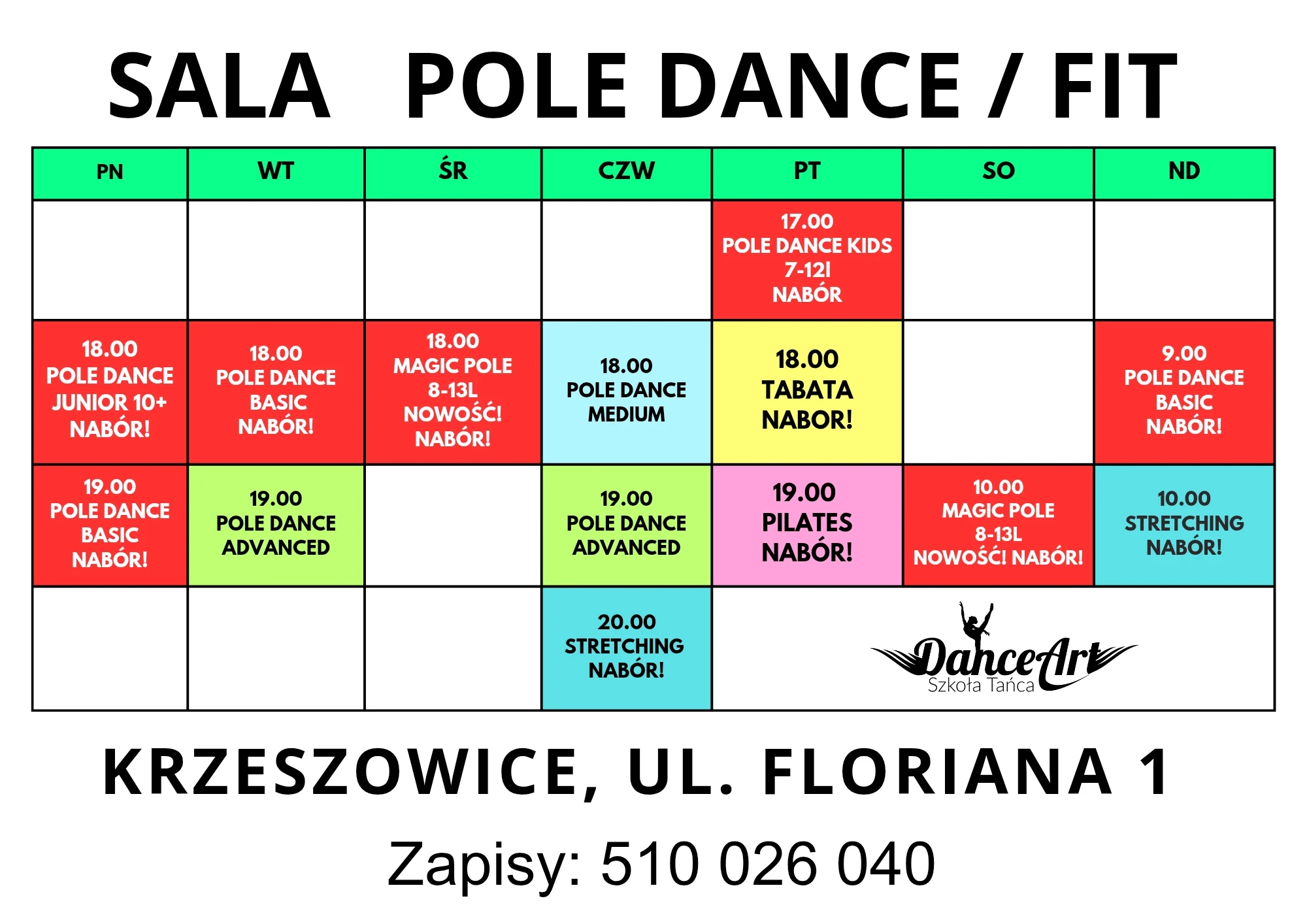 Aktualny grafik sali Pole Dance i Fit w Krzeszowicach przy ulicy Floriana 1