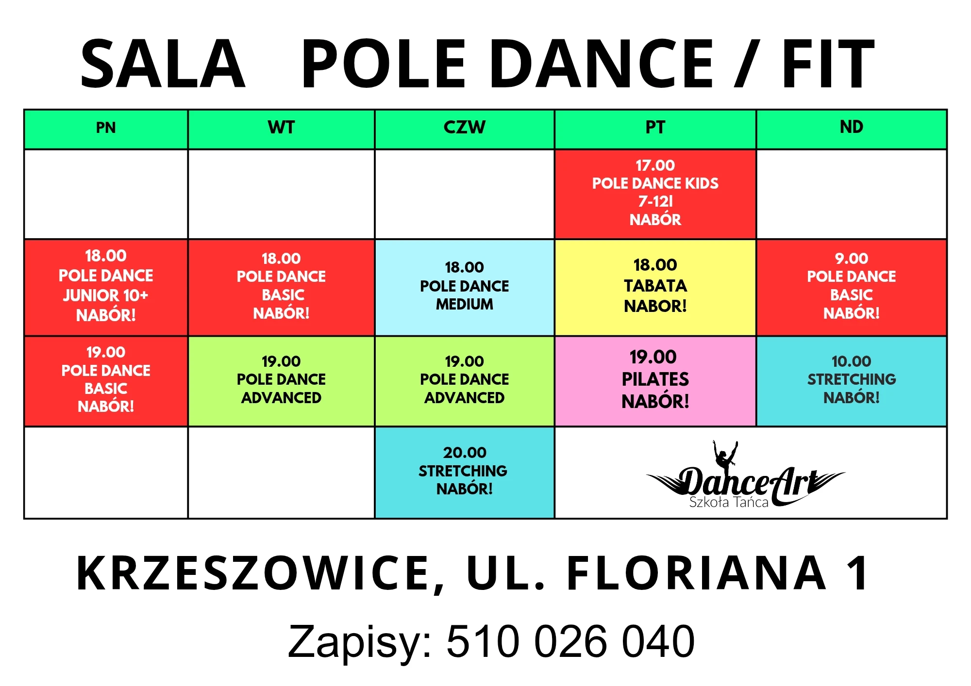 Grafik zajęć DanceArt na sezon 2026/2027 — Krzeszowice ul. Floriana 1, sala Pole Dance/Fit: pole dance kids, junior, basic, medium, advanced, pilates, stretching, tabata