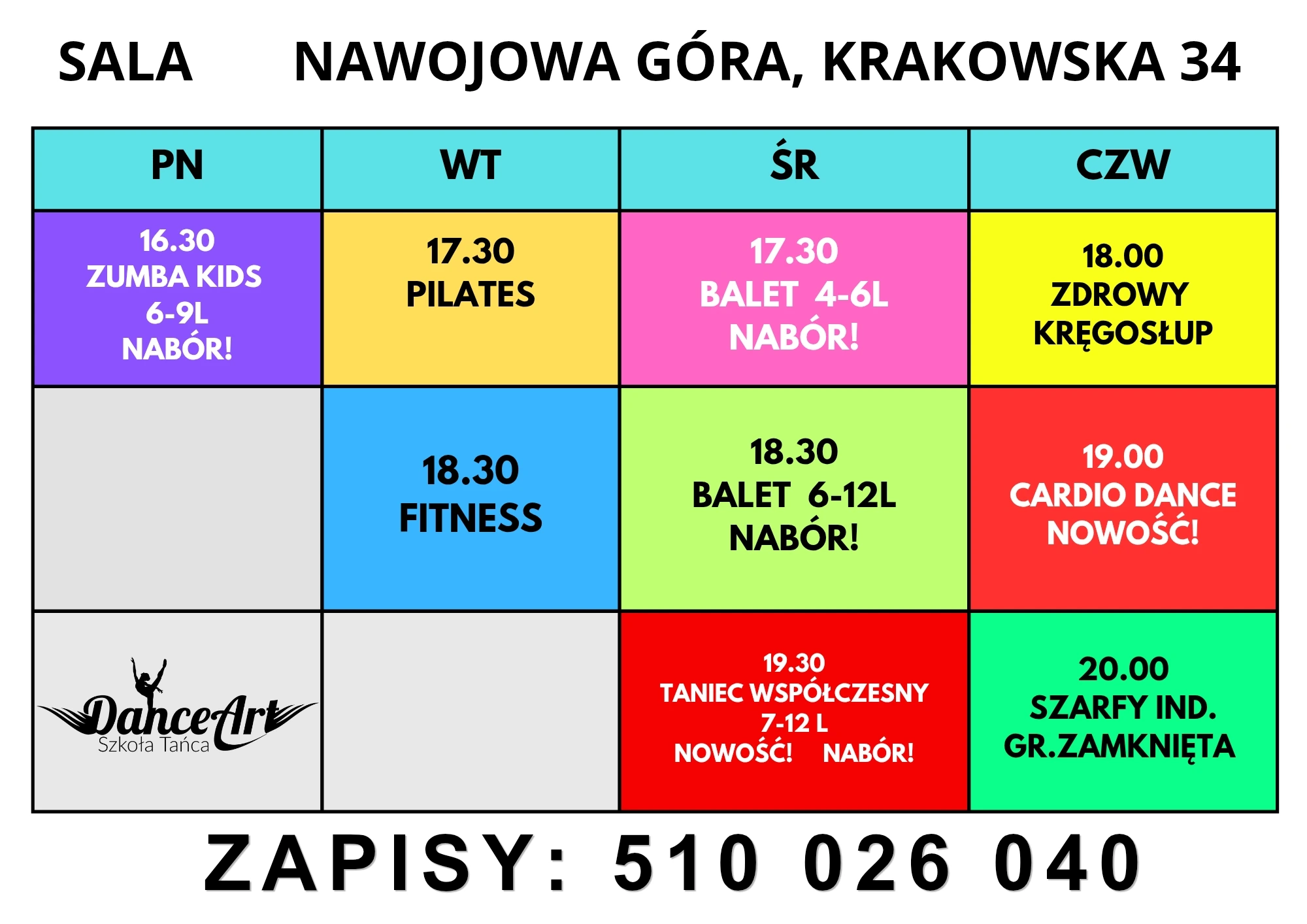 Aktualny grafik zajęć DanceArt w Nawojowej Górze przy ulicy Krakowskiej 34