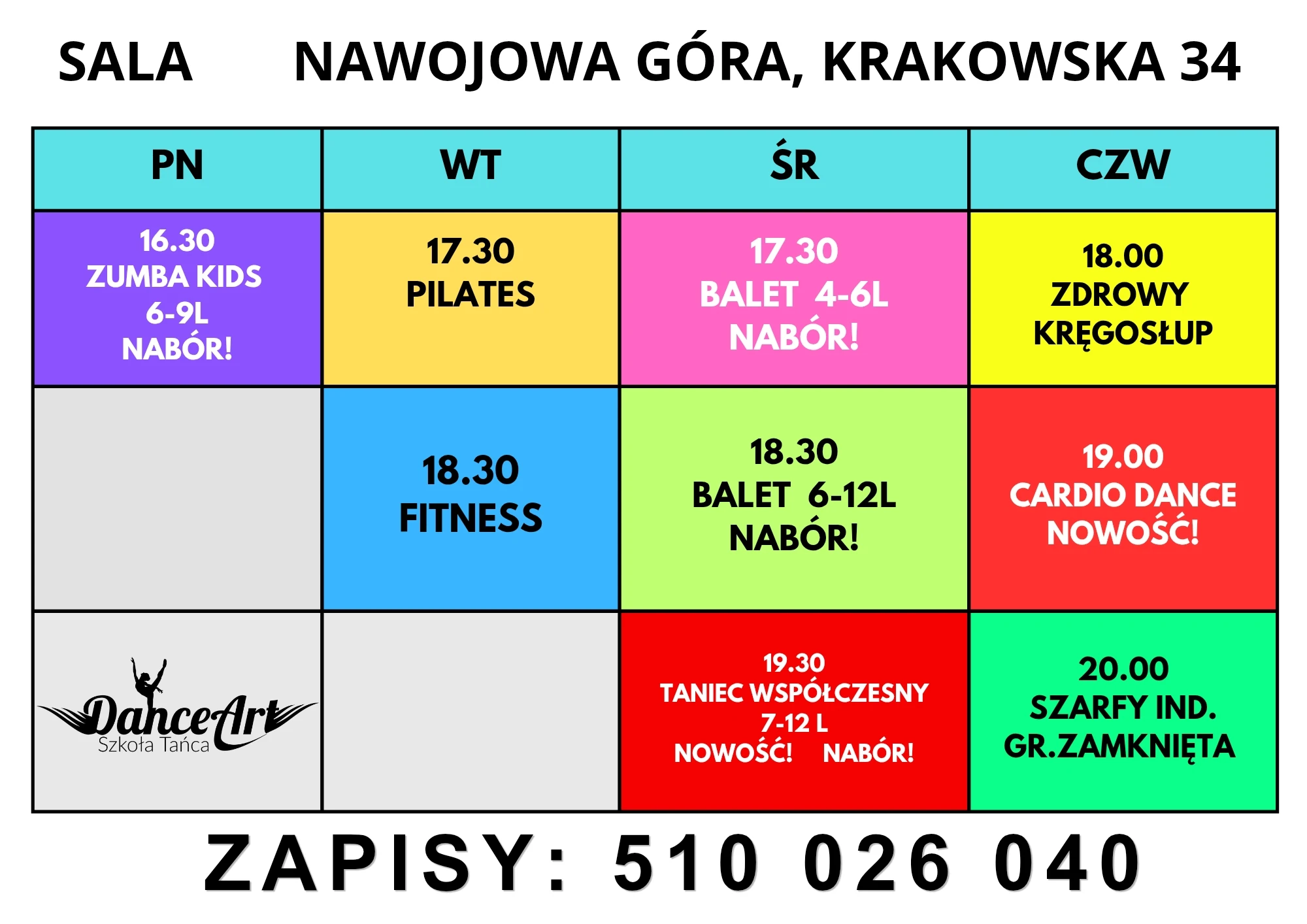 Aktualny grafik zajęć DanceArt w Nawojowej Górze przy ulicy Krakowskiej 34