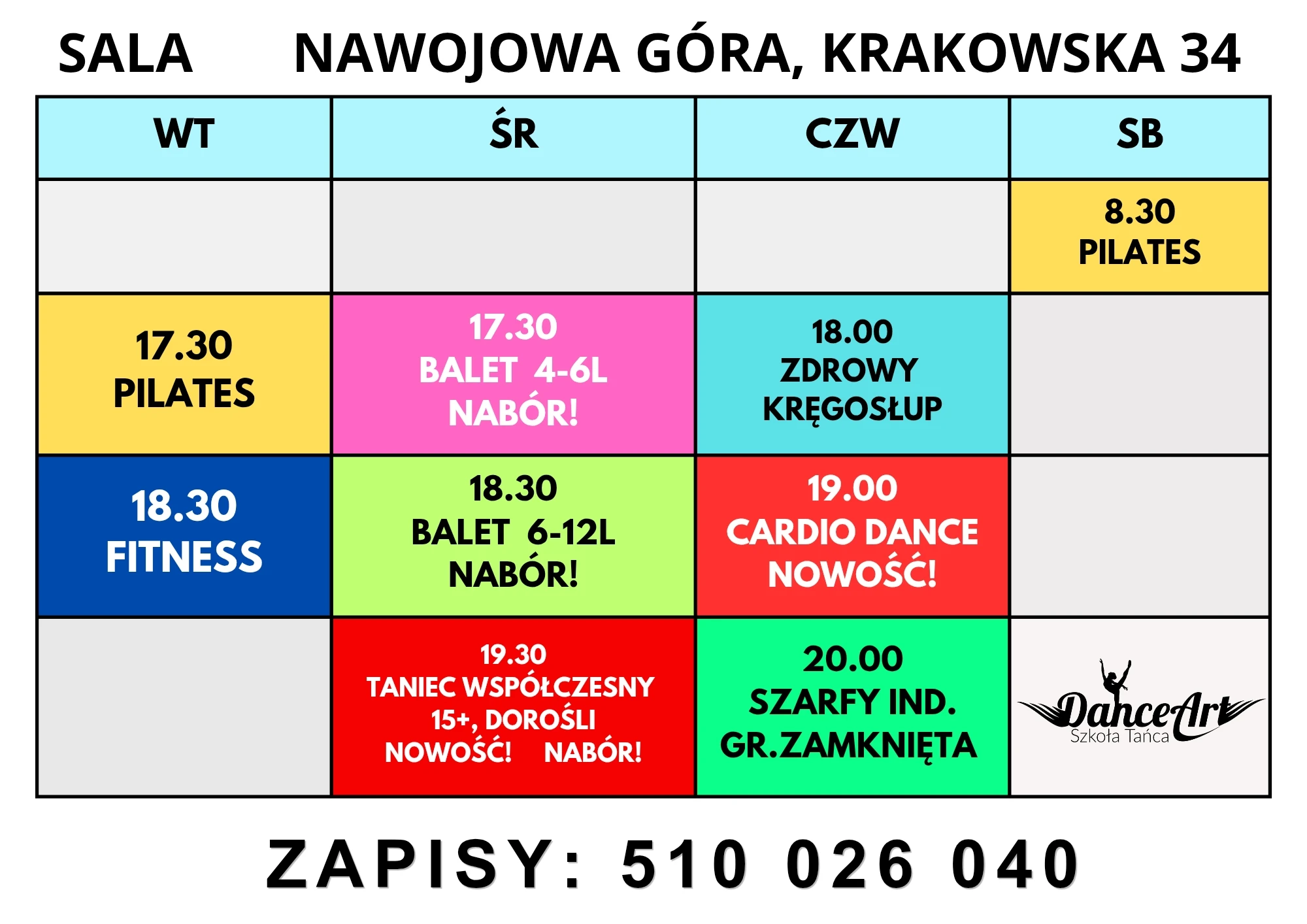 Grafik zajęć DanceArt na sezon 2026/2027 — sala Nawojowa Góra, ul. Krakowska 34: pilates, balet, fitness, taniec współczesny, szarfy, cardio dance, zdrowy kręgosłup