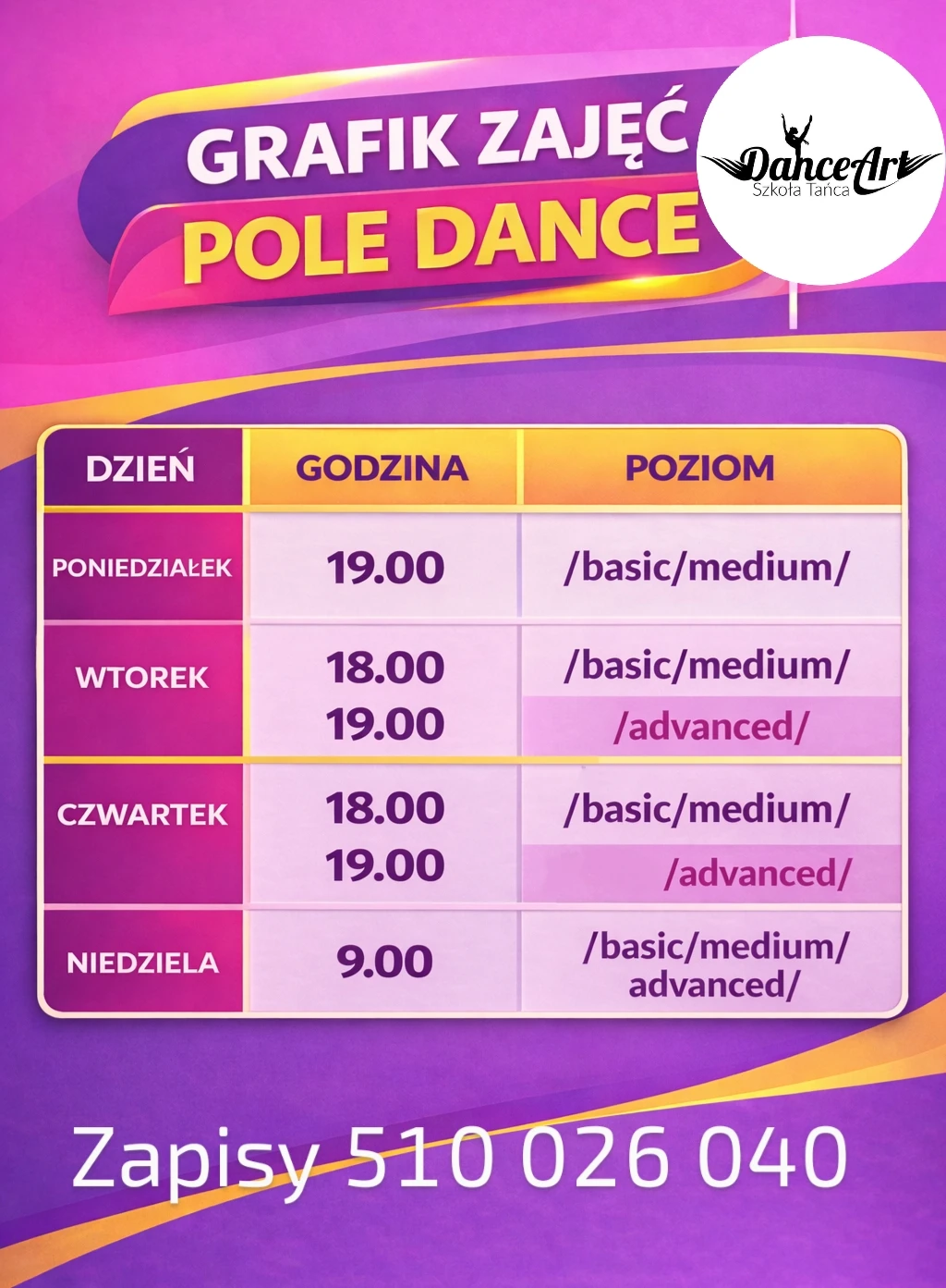 Grafik zajęć Pole Dance w DanceArt