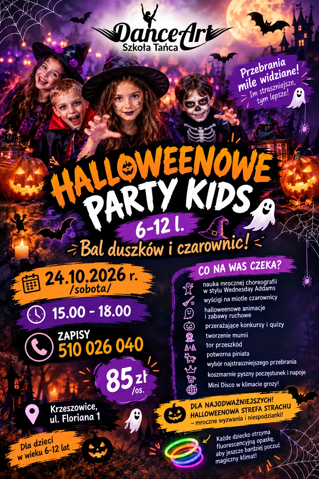 Halloweenowe Party Kids 6–12 lat, 24 października 2026 w Krzeszowicach, ul. Floriana 1