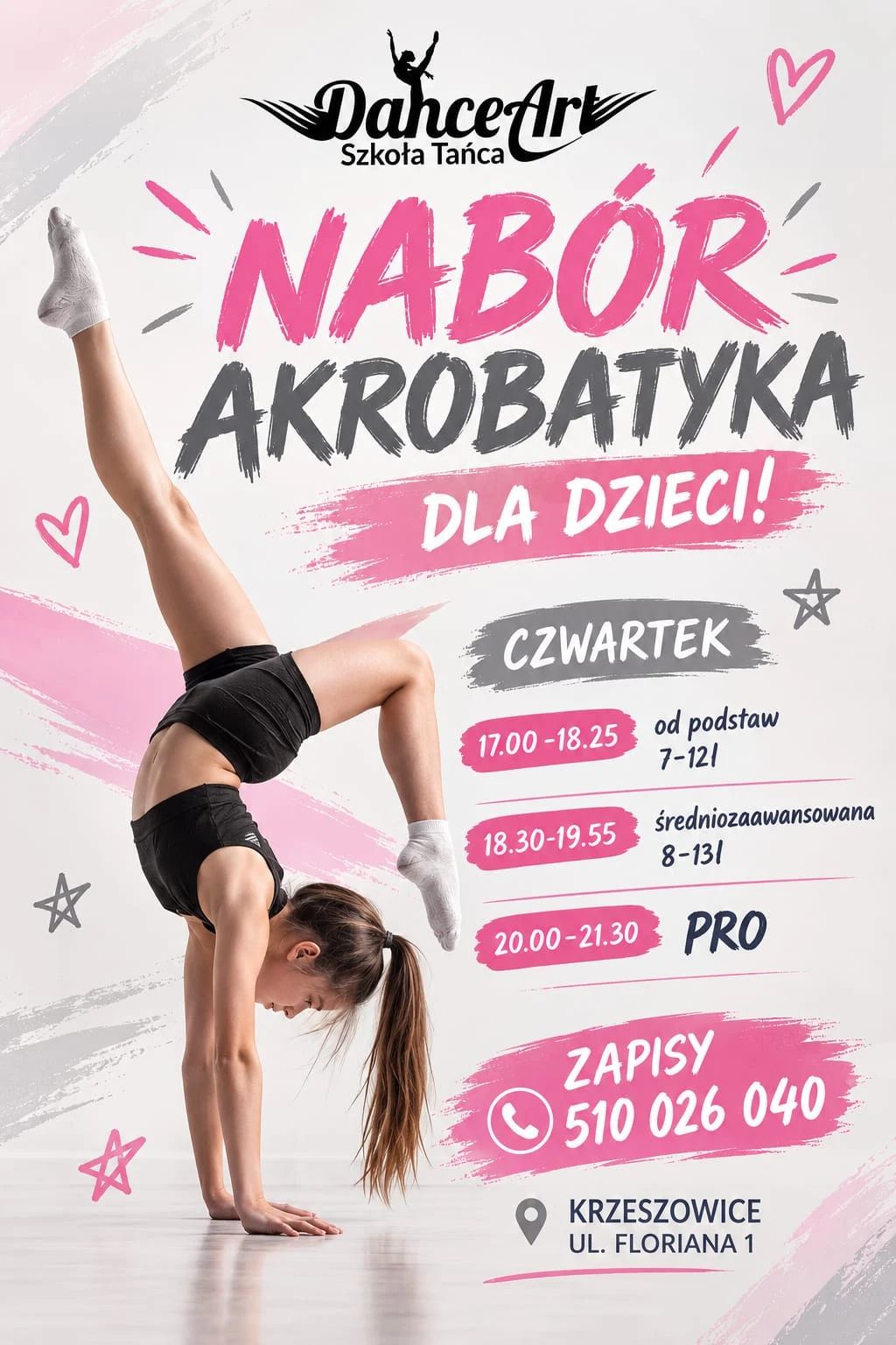Nabór na akrobatykę dla dzieci w czwartki w DanceArt w Krzeszowicach