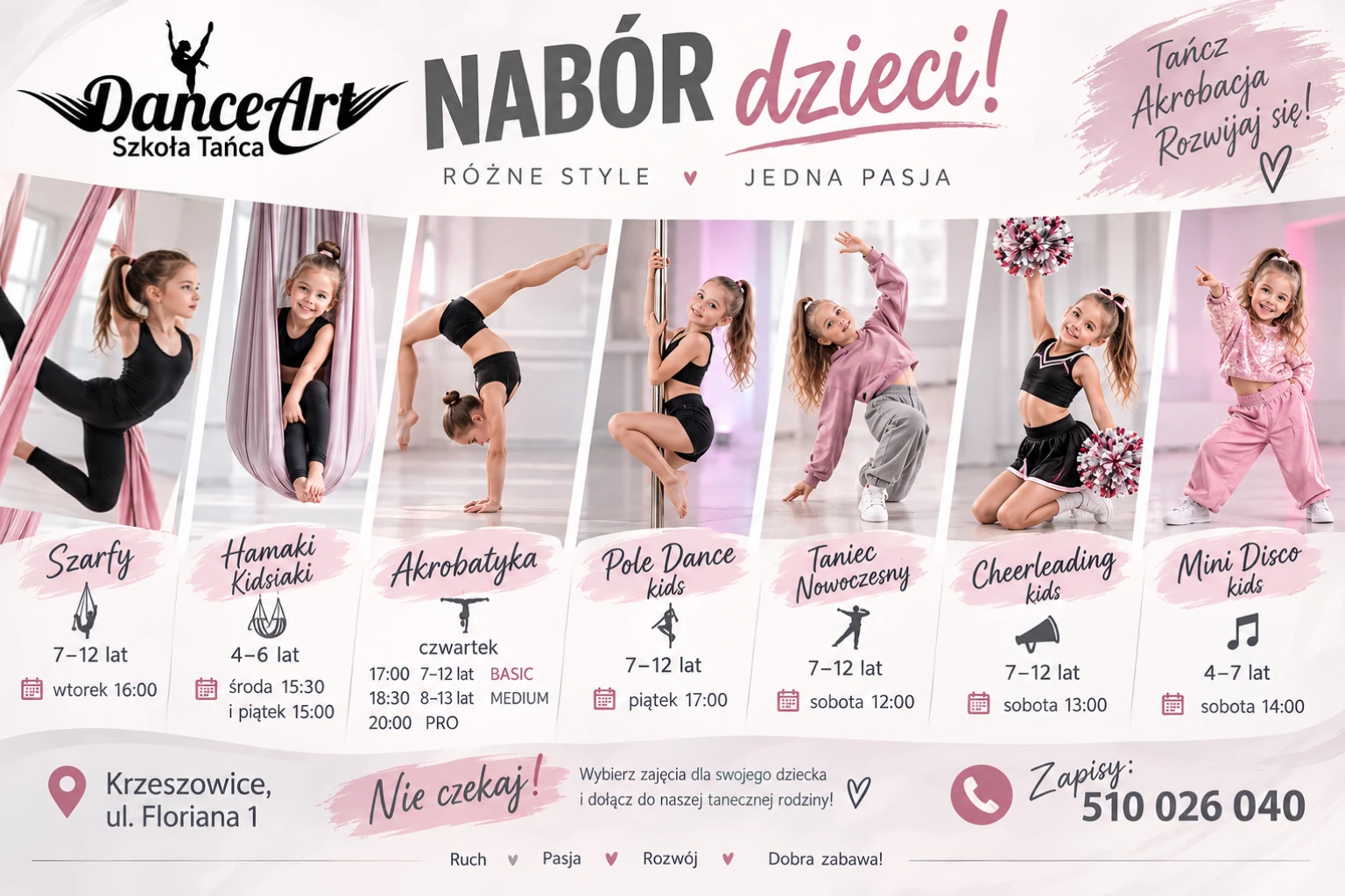 Nabór dzieci w DanceArt — szarfy, hamaki, akrobatyka, pole dance, taniec, cheerleading i mini disco w Krzeszowicach