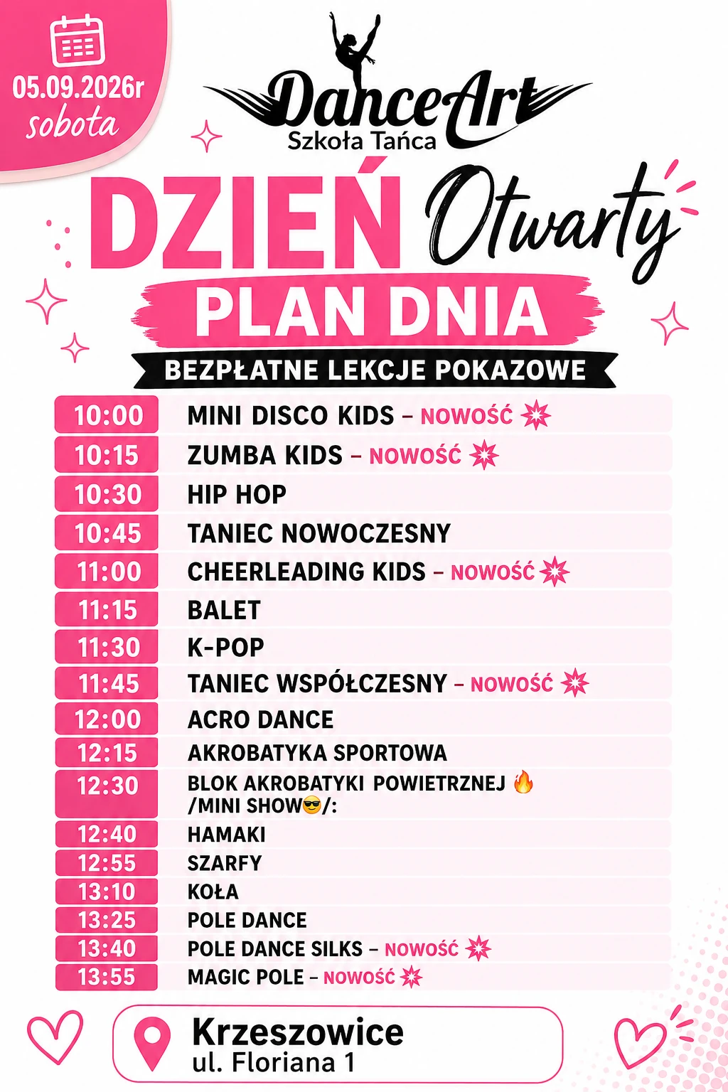 Plan Dnia Otwartego DanceArt 5 września 2026 w Krzeszowicach