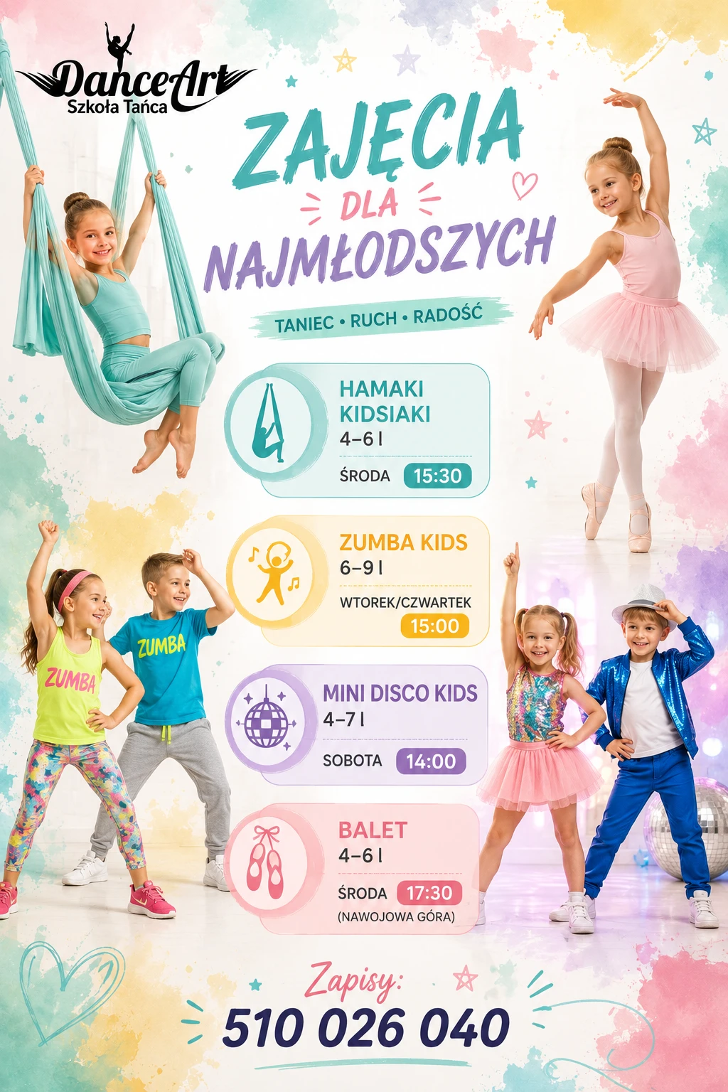 Kolorowy plakat zajęć dla najmłodszych w DanceArt